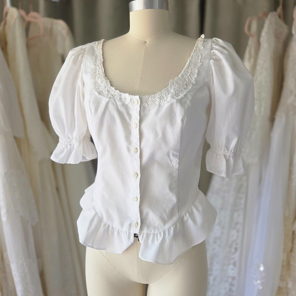 Gunne Sax Vintage 70s White Puff Sleeve Top Size 13 M Romantic Boho Gunnies
